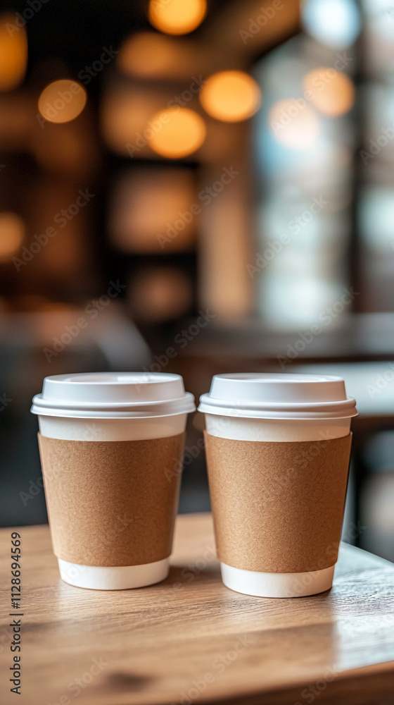 Warm coffee cups sit on a wooden table in a cozy cafe setting with blurred lights in the background enhancing the ambiance Warm coffee cups sit on a wooden table in a cozy cafe setting with blurred lights in the background enhancing the ambiance