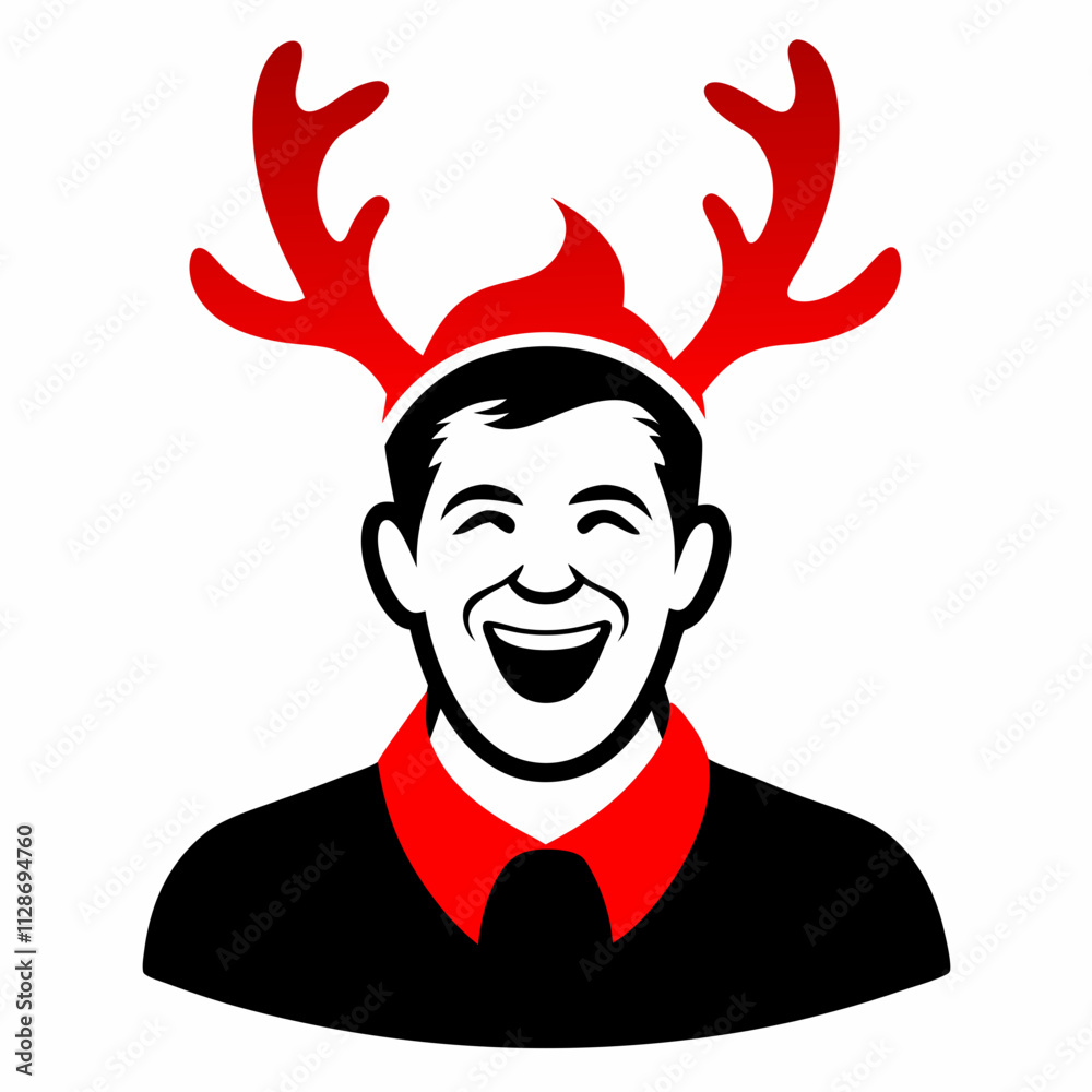 Festive Man with Reindeer Antlers and Santa Hat Illustration Festive Man with Reindeer Antlers and Santa Hat Illustration