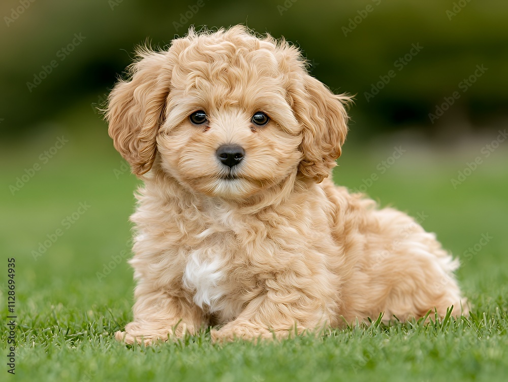 Calm cockapoo with curly fur close-up on a green background Calm cockapoo with curly fur close-up on a green background