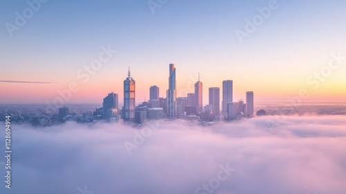 City Skyline at Sunrise with Fog Underneath in Melbourne, Australia