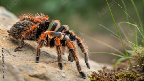 Captivating Close-Up of a Vogelspinne Vitalius Christatus on a Natural Surface with Detailed Textures and Copy Space for Scientific or Educational Use photo