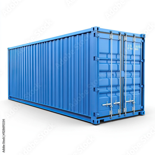 Blue shipping container, white background