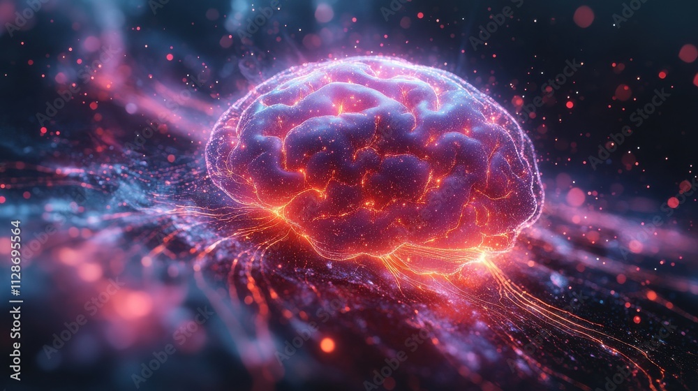 Exploring the connections of a glowing brain surrounded by vibrant energy patterns Exploring the connections of a glowing brain surrounded by vibrant energy patterns