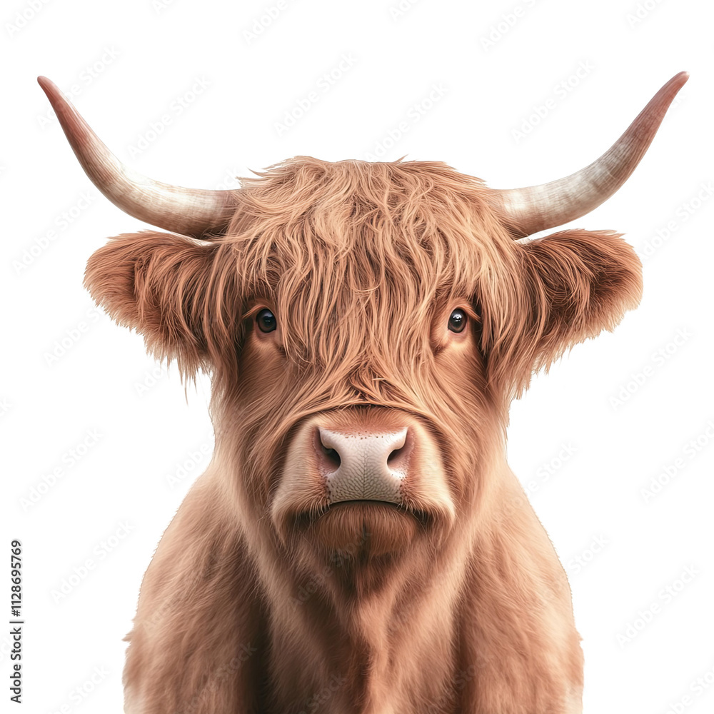 Highland Cow Portrait Scottish Cattle Farm Animal Livestock Cow Brown Fur Long Horns White Background Adorable Fluffy Hairy Mammal Nature Wildlife Countryside Domestic Animal Agriculture Farming