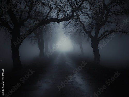 Car headlights illuminating a narrow road through darkness