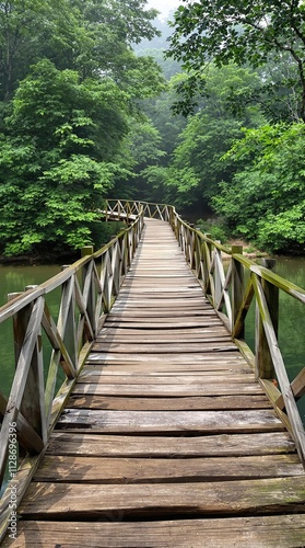 A peaceful wooden footbridge crossing a calm river in a lush green forest, greenery, nature, wooden bridge, river