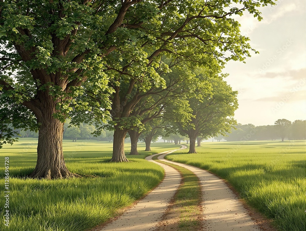 A picturesque scene of a green landscape with tall trees and a meandering road that leads to a distant point, natural beauty, rural scenery A picturesque scene of a green landscape with tall trees and a meandering road that leads to a distant point, natural beauty, rural scenery