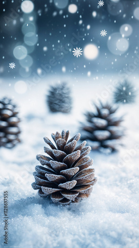 松ぼっくりの冬景色(縦) Winter view of pine cones  Generative AI