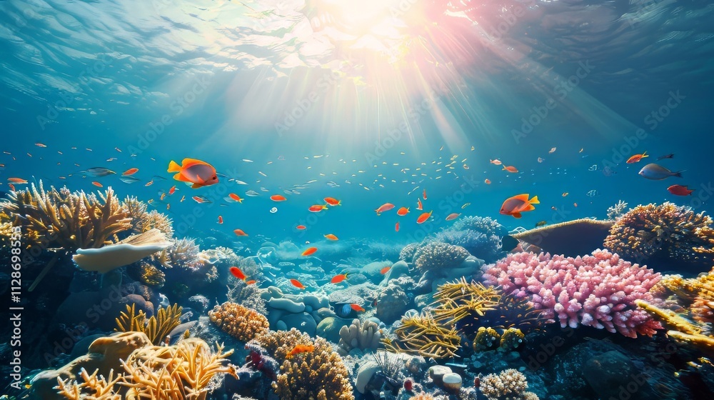 Naklejka premium A beautiful view of the seabed during the day, with lots of coral and sea animals swimming, depicting a peaceful atmosphere.