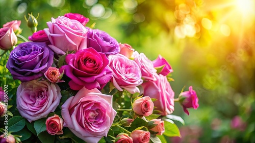 A vibrant bouquet of roses, blooming in shades of pink, purple, and crimson, basks in the warm glow of the sun, creating a captivating display of floral beauty.