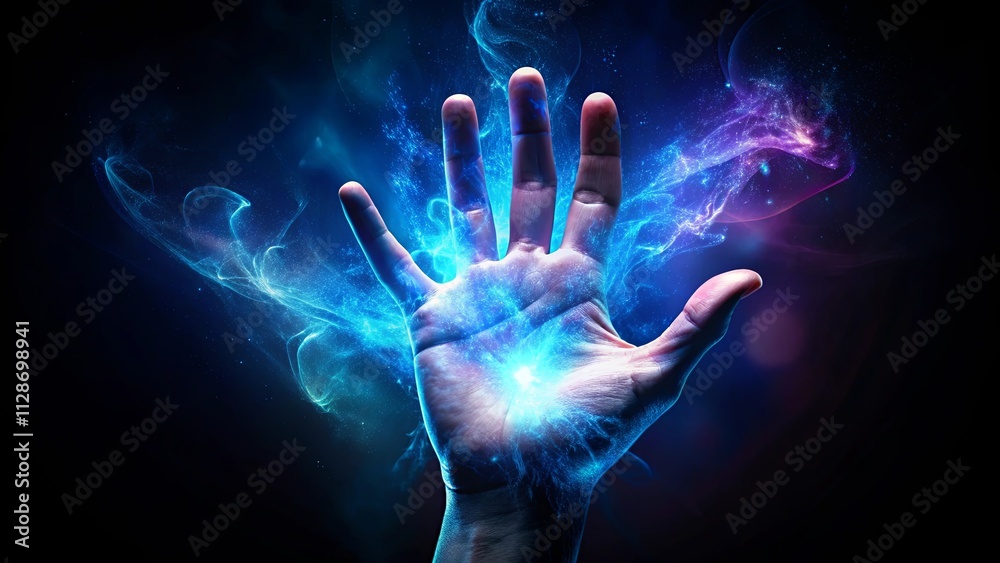 A hand outstretched, palm facing forward, bathed in an ethereal glow of vibrant blue and purple energy, pulsating with life and mystery. A hand outstretched, palm facing forward, bathed in an ethereal glow of vibrant blue and purple energy, pulsating with life and mystery.