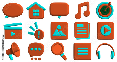A set of voluminous 3D icons in a minimalist style. The orange-blue color palette and simple shapes make the elements suitable for interfaces, applications, web design and infographics.