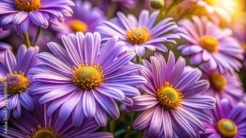 A vibrant bouquet of purple daisies with delicate petals and golden centers bathed in the warm glow of the sun, capturing the essence of springtime