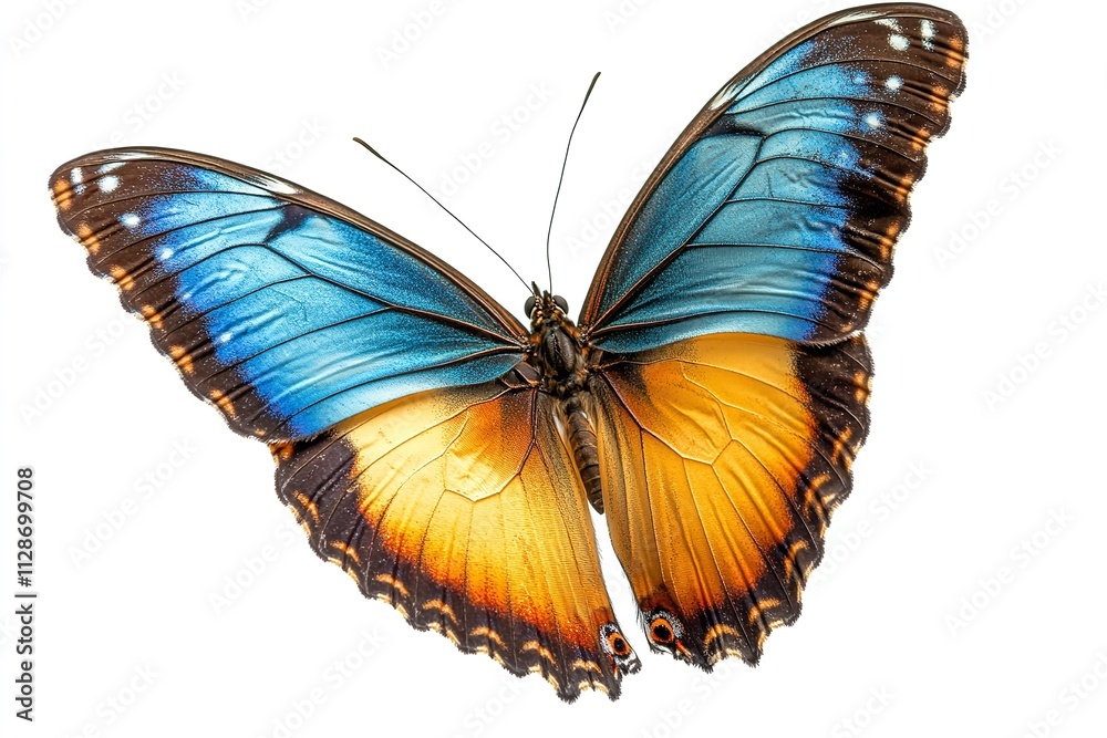 An single, stunning blue, yellow, orange butterfly in flight on a white backdrop. Generative Ai An single, stunning blue, yellow, orange butterfly in flight on a white backdrop. Generative Ai