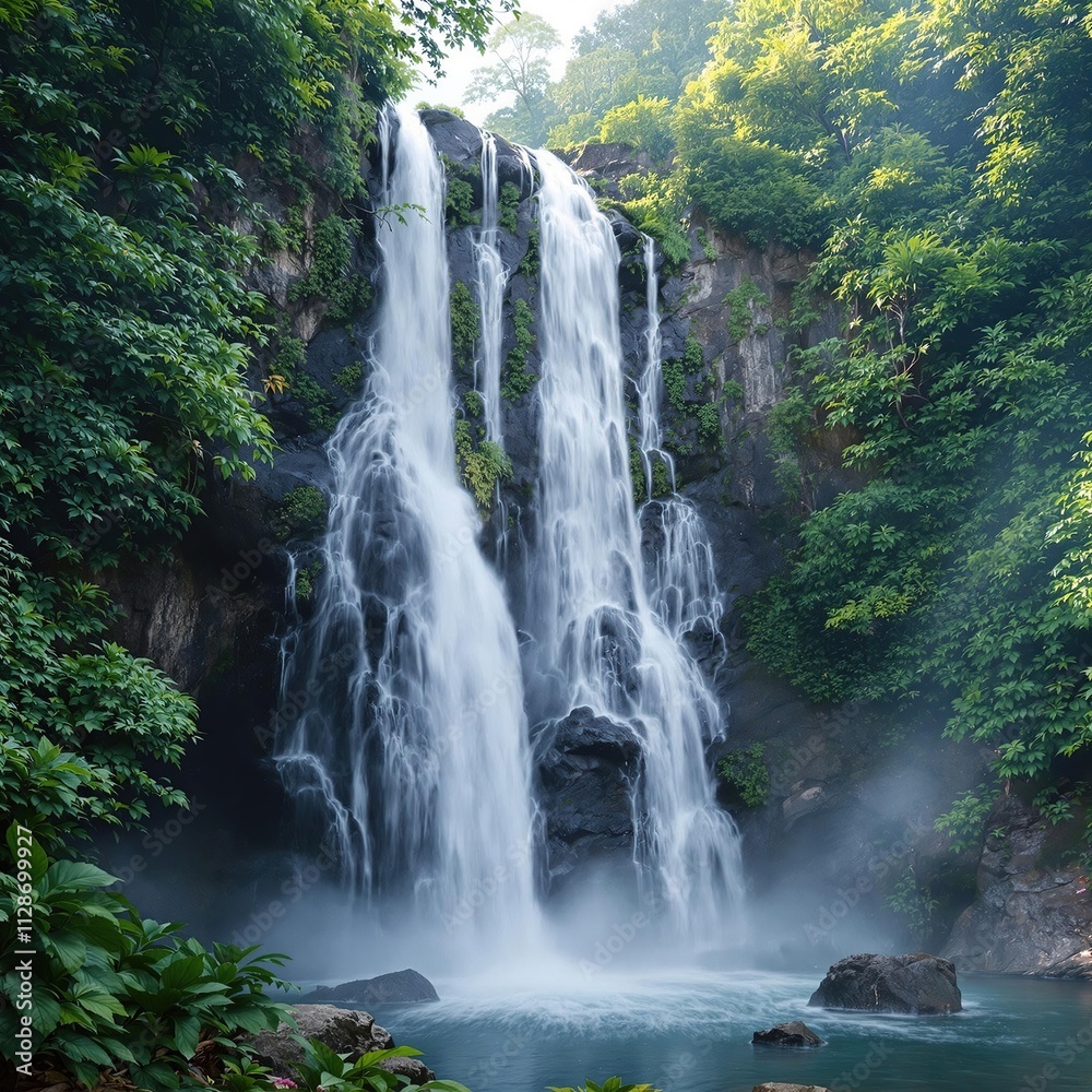 Fototapeta premium A stunning waterfall surrounded by dense foliage and vibrant greenery, hidden oasis, untouched wilderness, jungle, scenic beauty