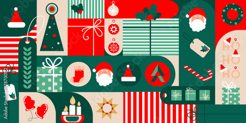 Christmas geometric banner with holiday elements icons. Xmas and New Year seamless pattern in abstract geometric style for background,wrapping paper,wallpaper. Holiday season, modern design. Vector