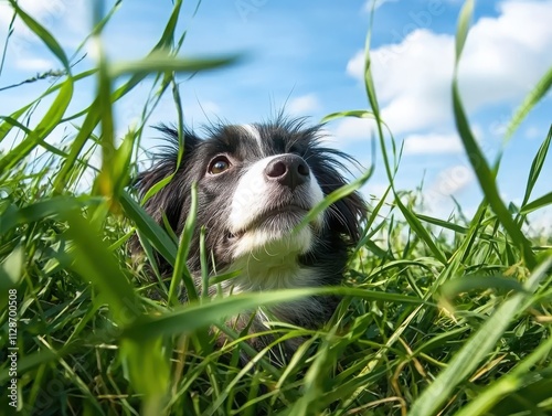 Whimsical bearded collie playing hide and seek in tall grass a nature-filled moment for pet lovers photo