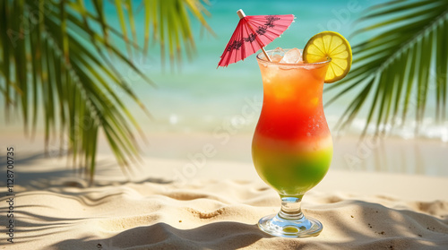 Stunning Layered Tropical Cocktail with Paper Umbrella on Sandy Beach with Ocean View