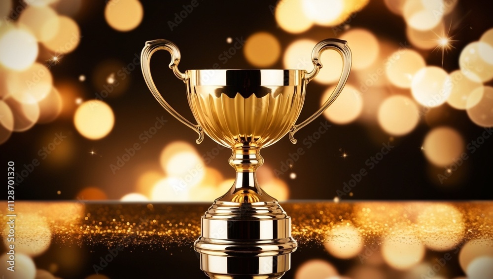 Elegant Golden Trophy with Blue Ribbon and Celebratory Confetti. Elegant Golden Trophy with Blue Ribbon and Celebratory Confetti.