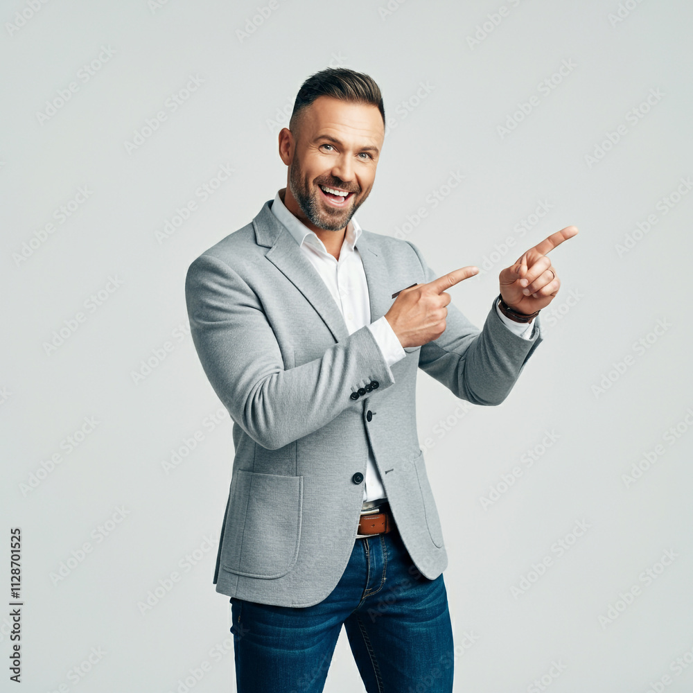 A businessman in a slim-fit light gray blazer, white shirt, and dark jeans, positioned against a white background, pointing right with both hands and flashing a bright, engaging smile A businessman in a slim-fit light gray blazer, white shirt, and dark jeans, positioned against a white background, pointing right with both hands and flashing a bright, engaging smile