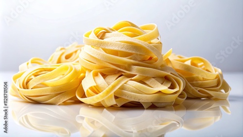 A delicate nest of uncooked pasta ribbons, meticulously arranged, reflecting the pristine white background, creating a visual symphony of textures and light. photo