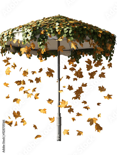 Autumn leaves falling from a green leaf-covered patio umbrella on a plain background representing fall, autumn vibes, change of seasons, nature, and the beauty of fall foliage