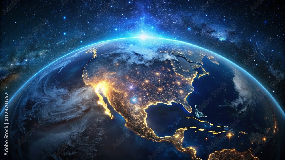 Obraz premium A Celestial Perspective of Earth's Nighttime Illumination, Revealing the Twinkling Lights of Cities and the Vastness of Space