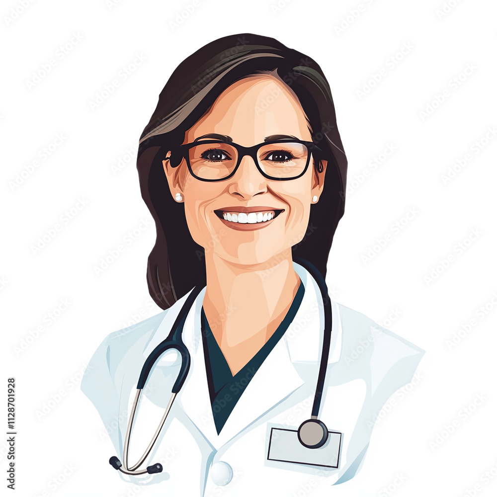 Portrait of a friendly female doctor smiling with glasses and stethoscope healthcare professional medical worker physician hospital clinic health care provider medical staff expertise experience Portrait of a friendly female doctor smiling with glasses and stethoscope healthcare professional medical worker physician hospital clinic health care provider medical staff expertise experience