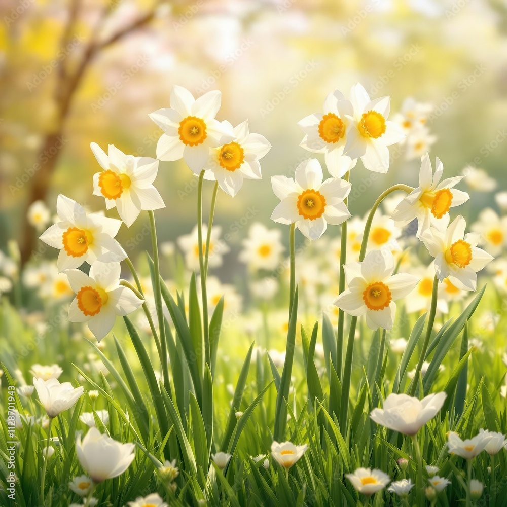 Fototapeta premium Beautiful blooming white and orange daffodils in a spring garden, outdoor, fresh, bright, growth, yellow