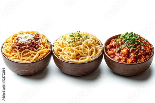 Isolated spaghetti collection with carbonara, Bolognese, and marinara on a white backdrop. Generative Ai