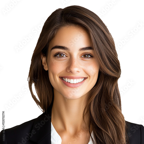 Beautiful smiling businesswoman portrait young attractive confident woman in formal black suit white background cheerful happy female executive professional corporate lawyer success leadership career