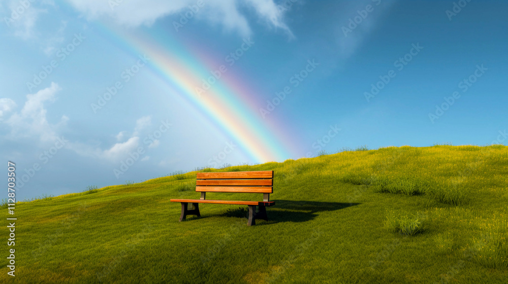 Wooden bench on a clearing hill with green grass under a blue sky with a rainbow on a sunny summer day. Paradise, world harmony, tranquility concept. Wooden bench on a clearing hill with green grass under a blue sky with a rainbow on a sunny summer day. Paradise, world harmony, tranquility concept.