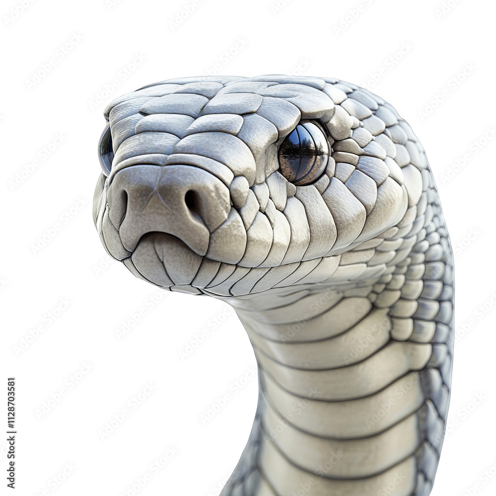 Fototapeta premium White Snake Head Closeup Scales Reptile Serpent Herpetology Wildlife Animal Isolated Background Nature Dangerous Predator Venomous Slithering Scales Eyes Fangs Tongue Forked Threatening Posture