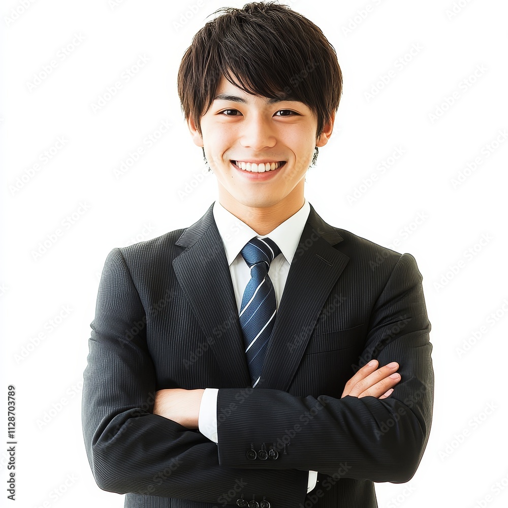 Japanese man in a suit smiling, isolated on a white background, representing business, professional attire, corporate culture, and career success. Japanese man in a suit smiling, isolated on a white background, representing business, professional attire, corporate culture, and career success.