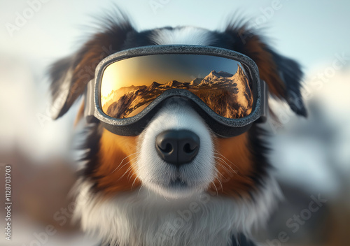 Funny realistic 3D illustration of a dog wearing a winter face mask with a reflection of mountains. Hello winter concept