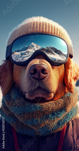 Funny dog face with sunglasses and a mask, Featuring a realistic 3D illustration. Reflection of mountains in the glasses, embracing the 'Hello Winter' skiing vibe.