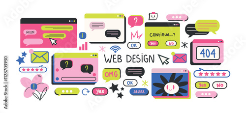 Retro cartoon set of web pages pc.old computer style. geometric frames in 90s memphis style. Set of user interface elements. Retro browser computer window. Y2k vector promo doodle comic banner