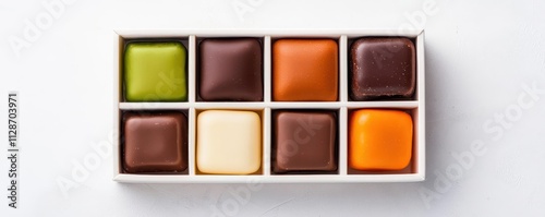 Colorful assortment of gourmet chocolates arranged in a stylish box on a white background. photo