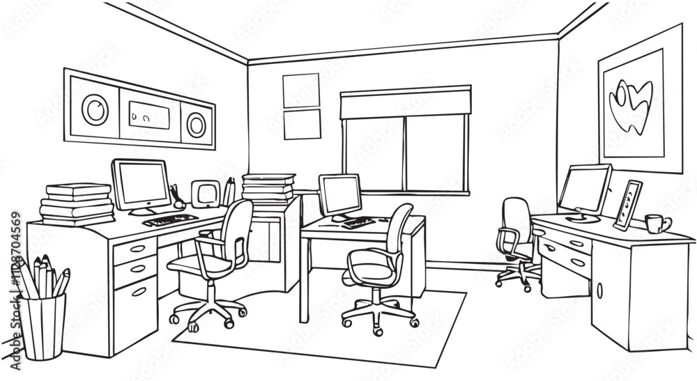 Hand drawn workplace. Chair and computer sketch. Home office, doodles Hand drawn workplace. Chair and computer sketch. Home office, doodles