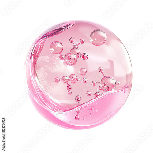 Pink Collagen Serum Essence in a glass bubble with molecule inside isolated on white background Skin care cosmetic product advertising banner template 3D rendering