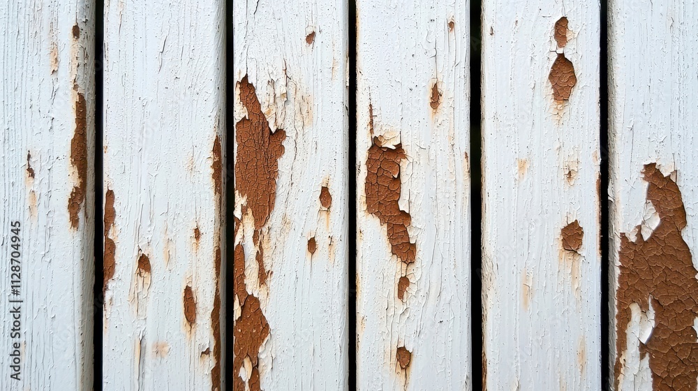 Weathered Wooden Planks with Peeling White Paint and Rust Stains Weathered Wooden Planks with Peeling White Paint and Rust Stains