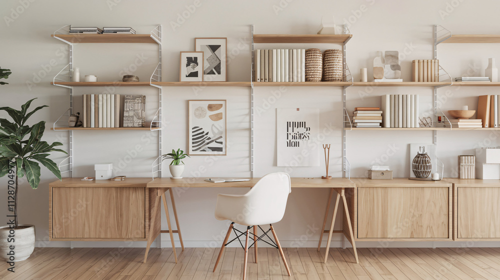 Fototapeta premium Contemporary Minimalist Home Office with Light Wood Elements and Natural Accents