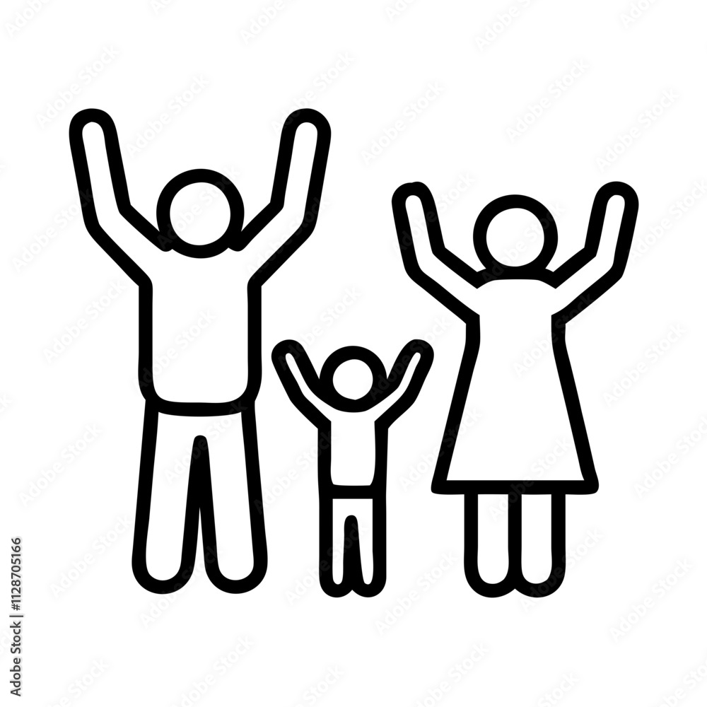 Fototapeta premium parents cheering kids icon, family day line art, family icon - simple black line art icon of parents cheering kids, symbolizing family day celebrations. family vector art.