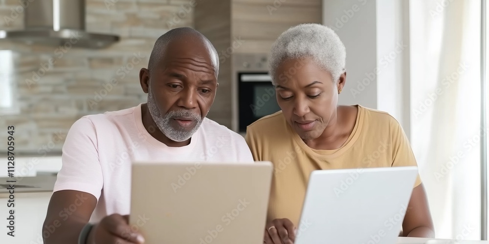 Two older people are looking at a laptop together. One of them is wearing a pink shirt. They seem to be looking at something on the laptop Two older people are looking at a laptop together. One of them is wearing a pink shirt. They seem to be looking at something on the laptop