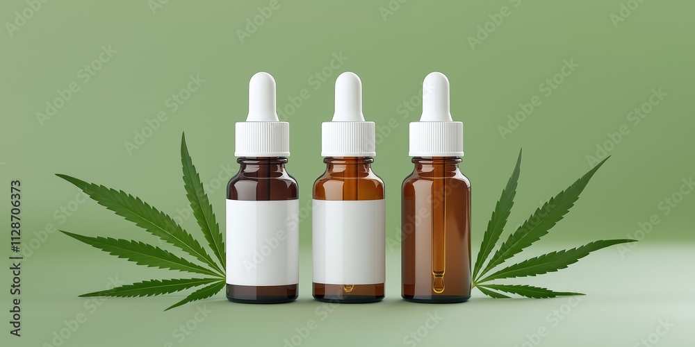Three bottles of cannabis oil are displayed on a green background. The bottles are brown and white, and they are arranged in a row. Concept of relaxation and wellness