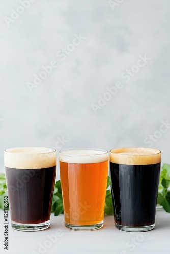 Three glasses of beer are lined up on a table. The glasses are filled with different colored liquids, with the leftmost glass being the darkest and the rightmost glass being the lightest photo