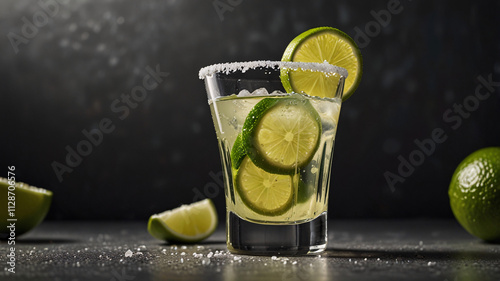 Elegant Salt-Rimmed Margarita with Fresh Lime Garnish in Dramatic Lighting