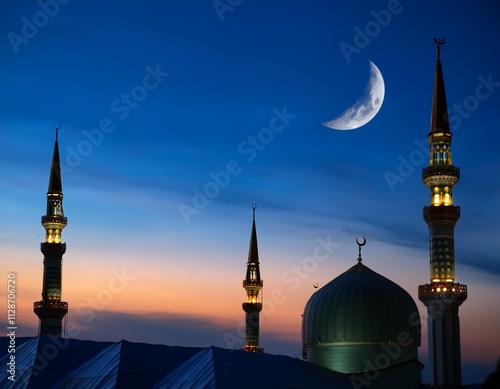  Ramadan islamic night sunset with eastern moon, Hilal and Eid clear sky at night with some clouds 