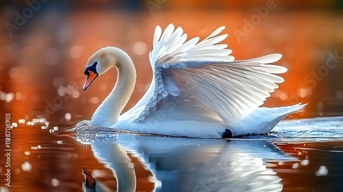 Fototapeta Naklejka Na Ścianę i Meble -  Graceful white swan gliding on a reflective lake with a golden sunset backdrop.