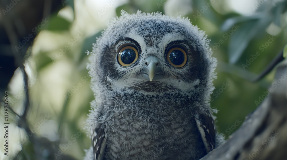 A baby owl perched on a branch staring directly into the camera with large curious eyes. A baby owl perched on a branch staring directly into the camera with large curious eyes.